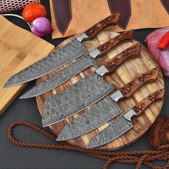 7-Piece Handmade Damascus Steel Chef Knife Set | Olive Wood Handle | Professional Kitchen Knives with Leather Roll Bag