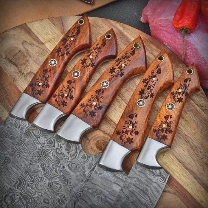 7-Piece Handmade Damascus Steel Chef Knife Set | Olive Wood Handle | Professional Kitchen Knives with Leather Roll Bag