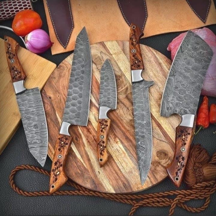 7-Piece Handmade Damascus Steel Chef Knife Set | Olive Wood Handle | Professional Kitchen Knives with Leather Roll Bag