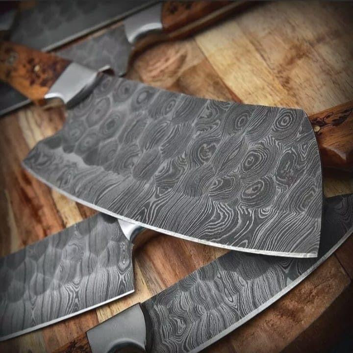 7-Piece Handmade Damascus Steel Chef Knife Set | Olive Wood Handle | Professional Kitchen Knives with Leather Roll Bag