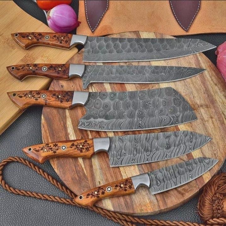 7-Piece Handmade Damascus Steel Chef Knife Set | Olive Wood Handle | Professional Kitchen Knives with Leather Roll Bag