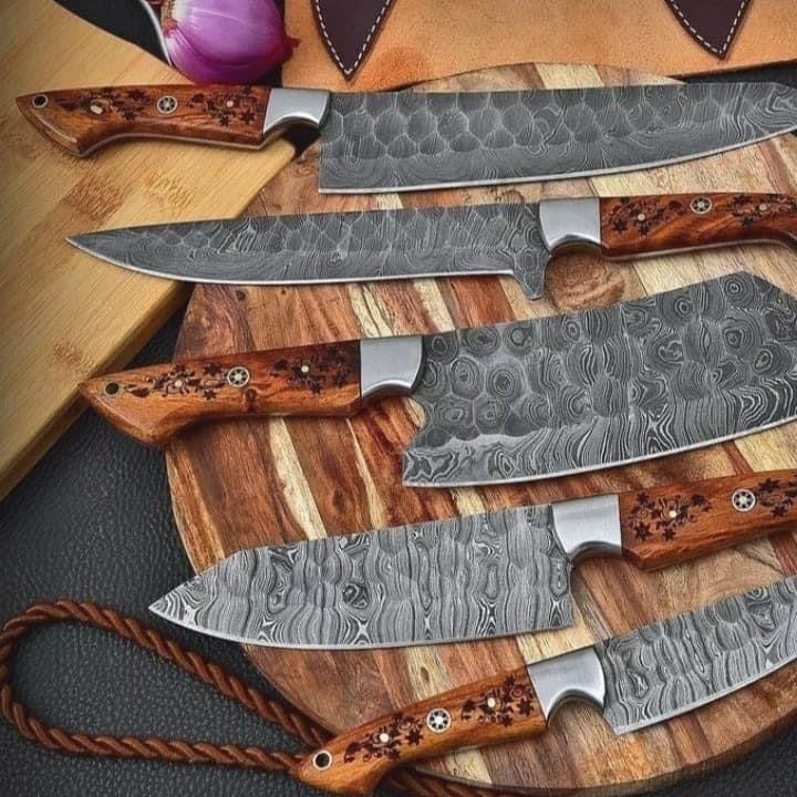 7-Piece Handmade Damascus Steel Chef Knife Set | Olive Wood Handle | Professional Kitchen Knives with Leather Roll Bag